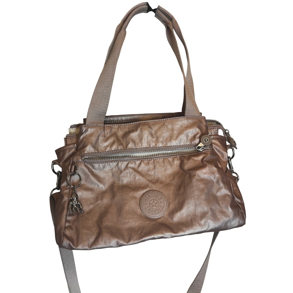 Kipling Metallic Rose Gold Nylon Crossbody Bag with Monkey Keychain Multi-Pocket